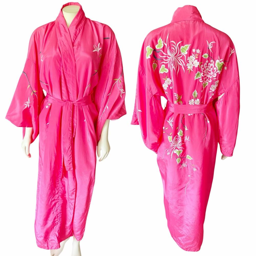 Best Quality Vintage Embroidered Kimono Dressing Gown Pink Robe Japan